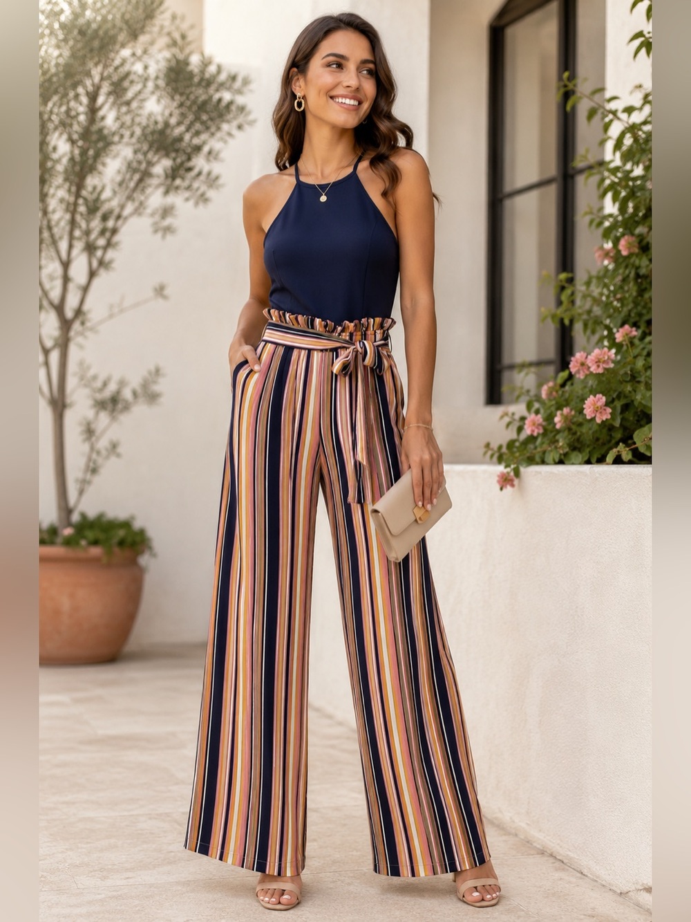 Speechless Halter Wide Leg Jumpsuit Striped Belted Navy Pink NWT Size Large